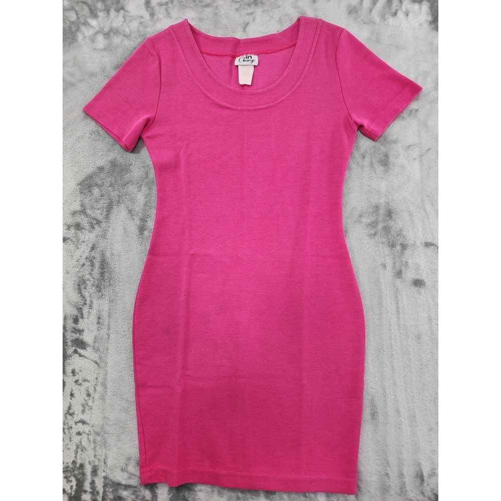 Vintage 90s In Charge Dress Womens M Pink Stretch Ribbed‎ Knit Bodycon Mini